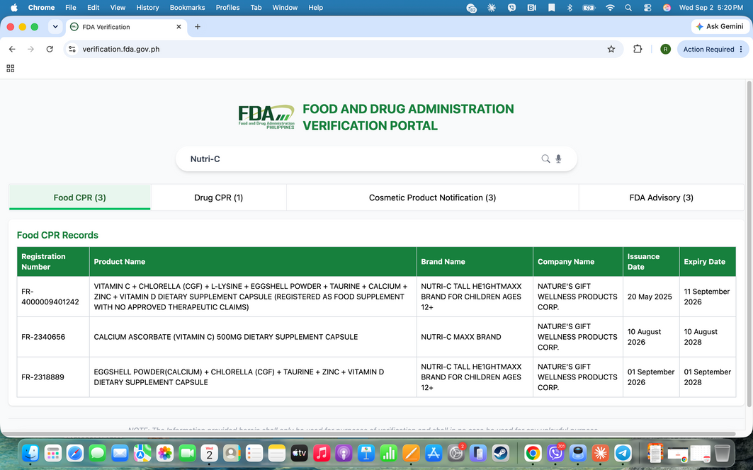 FDA Philippines Verification Portal showing He1ghtMaxx and Nutri-C Maxx registration records